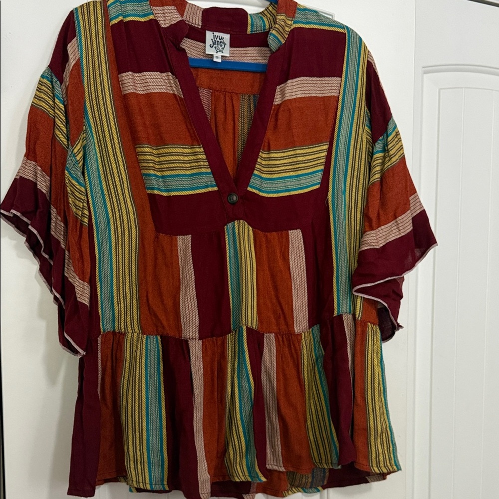 ivy jane Striped V-Neck Tiered Tunic in Burgundy, Rust & Teal